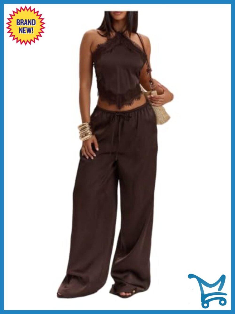 Lace Satin Sleeveless Crop Top & Wide Leg Pants Set